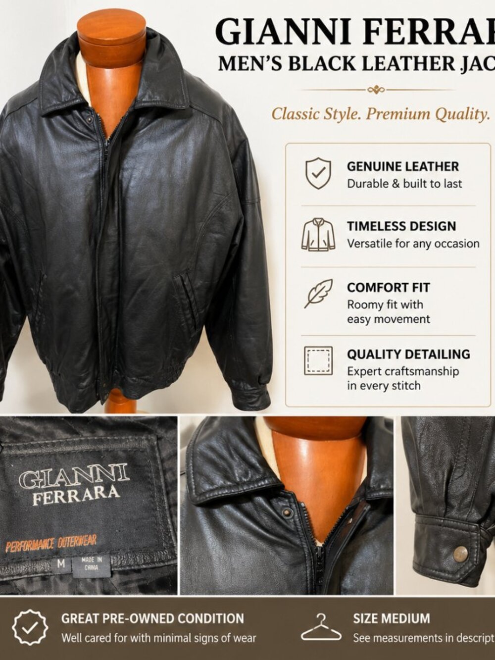 Gianni Ferrara Men’s Black Leather Jacket Size Medium – Performance Outerwear